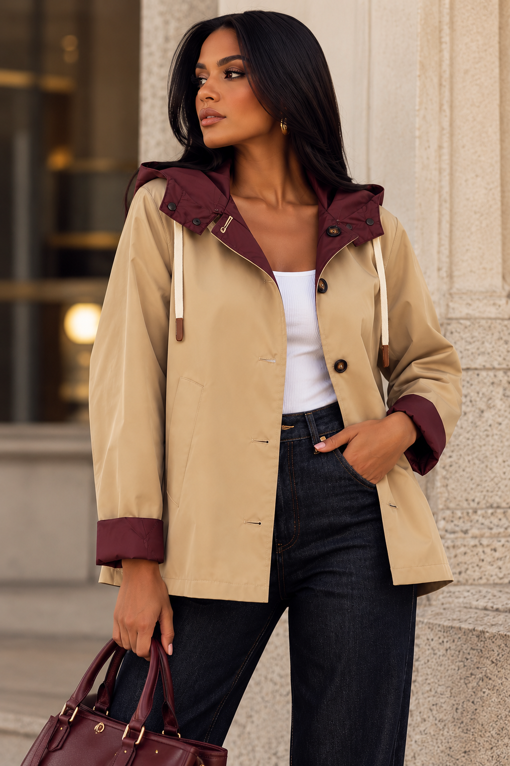 Chaqueta Reversible 2 en 1 con Capucha Beige y Burdeos