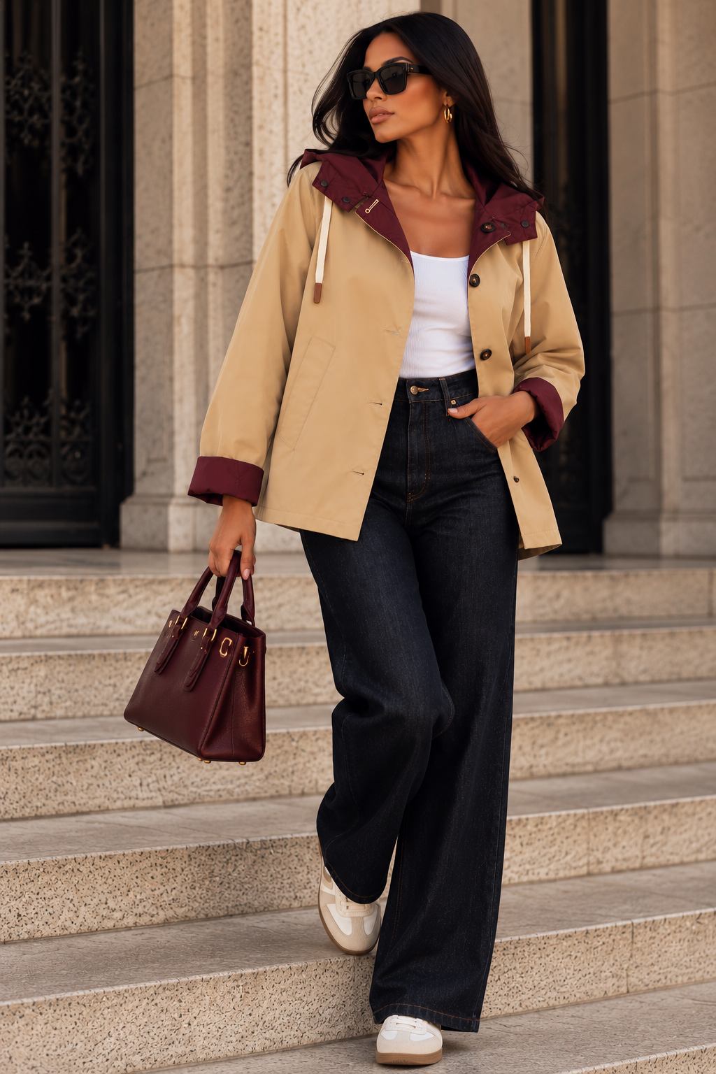 Chaqueta Reversible 2 en 1 con Capucha Beige y Burdeos