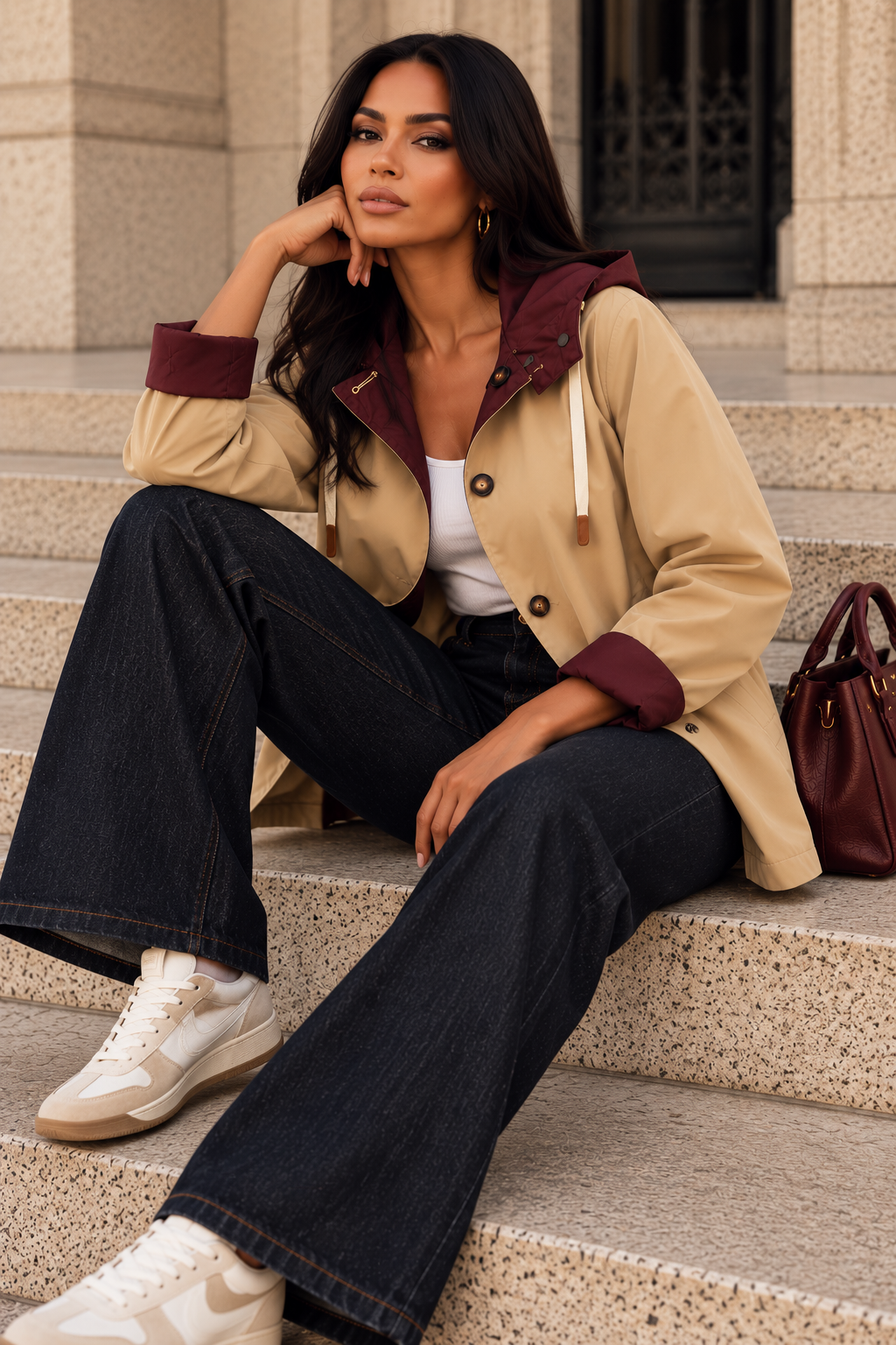 Chaqueta Reversible 2 en 1 con Capucha Beige y Burdeos