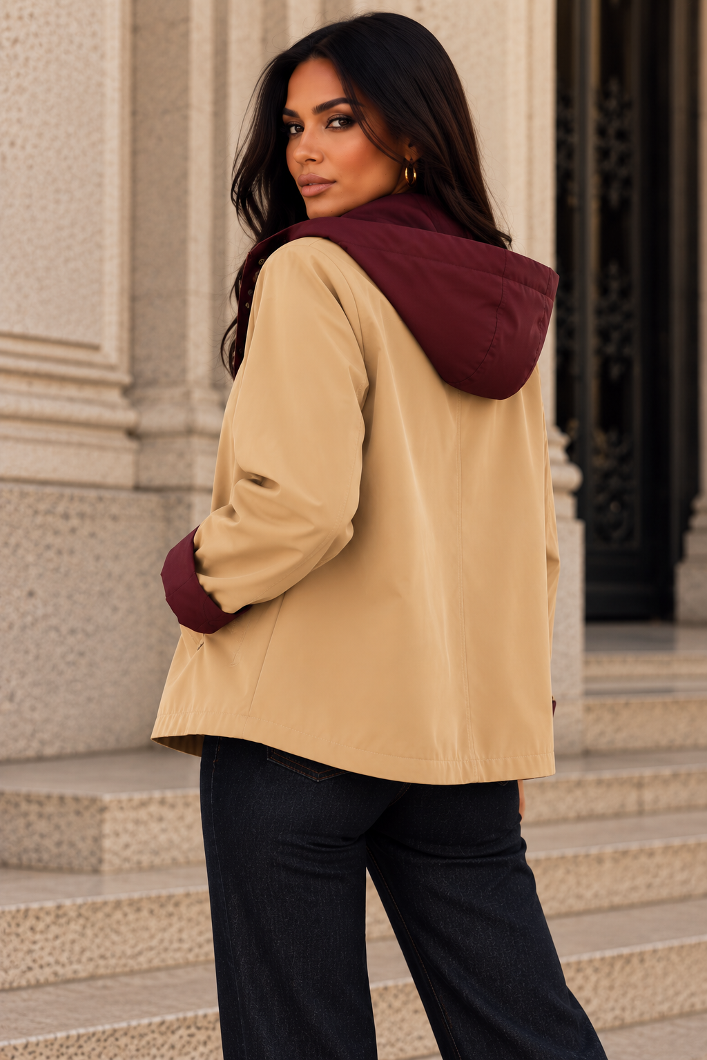 Chaqueta Reversible 2 en 1 con Capucha Beige y Burdeos