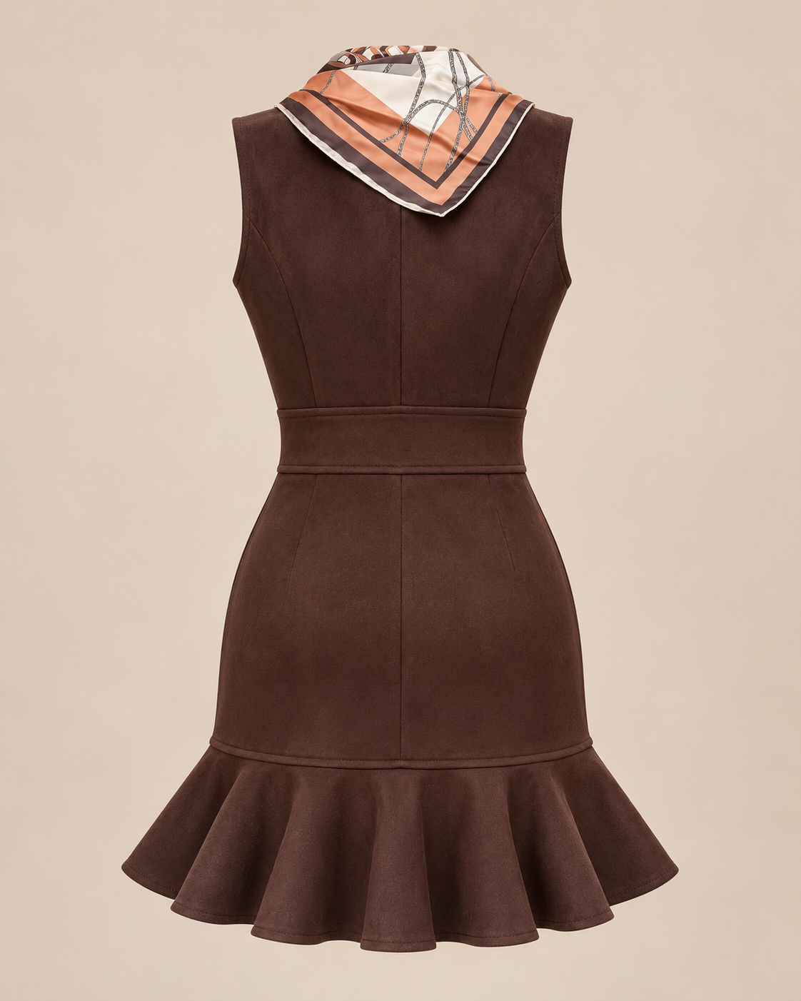 Vestido Corto Entallado con pañuelo a juego Chocolate | Rinascimento