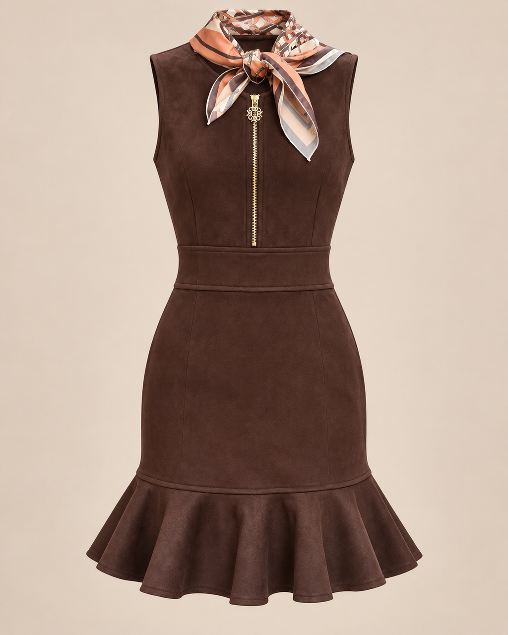 Vestido Corto Entallado con pañuelo a juego Chocolate | Rinascimento