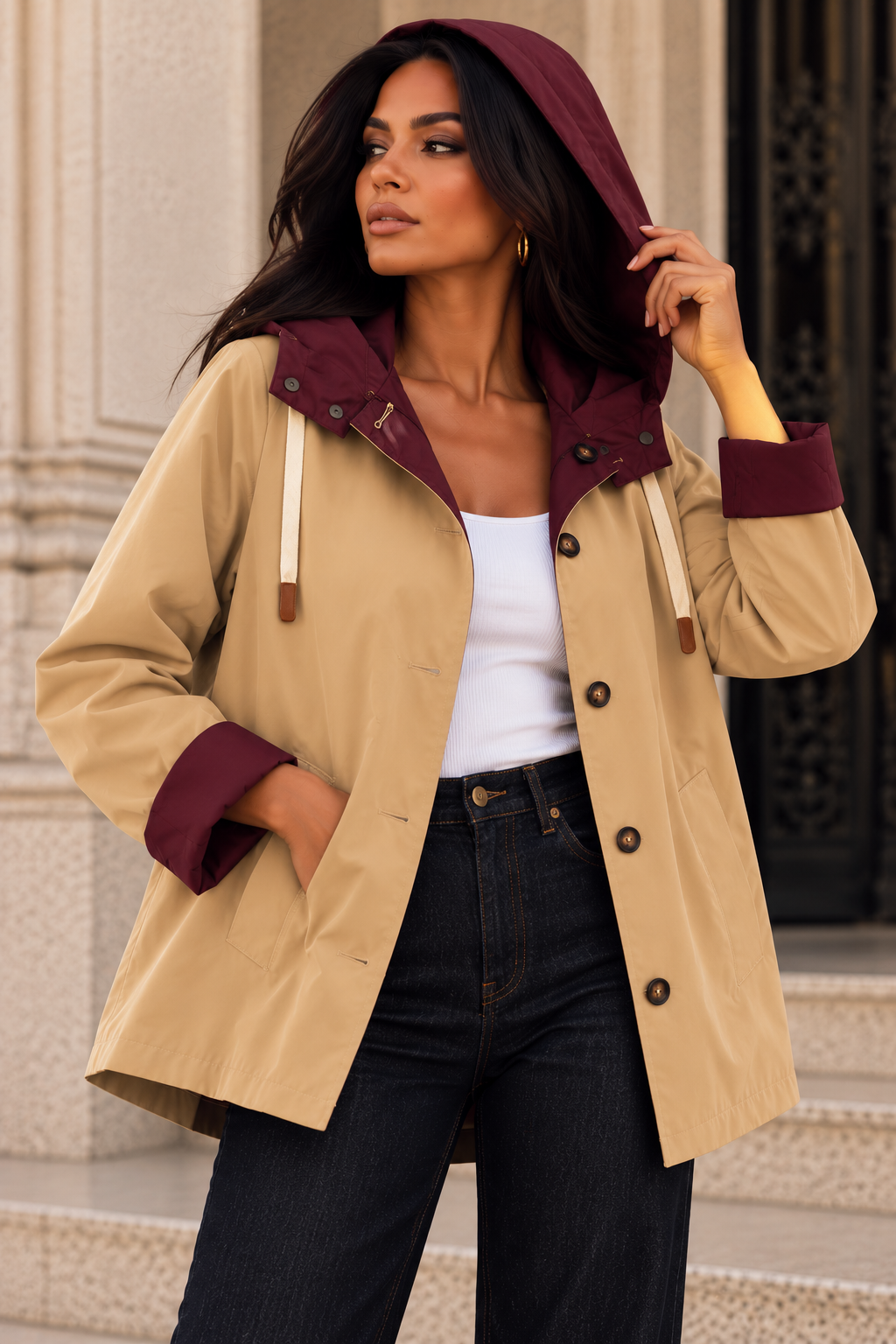 Chaqueta Reversible 2 en 1 con Capucha Beige y Burdeos