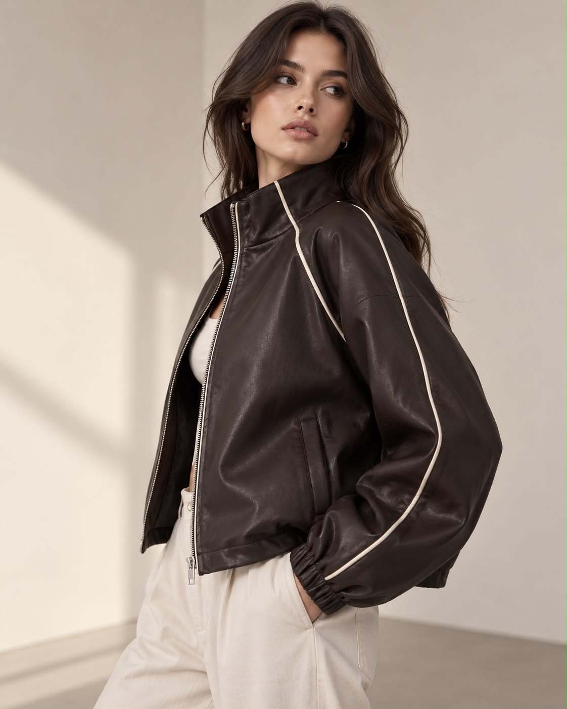 Chaqueta Bomber Efecto Piel con Ribetes