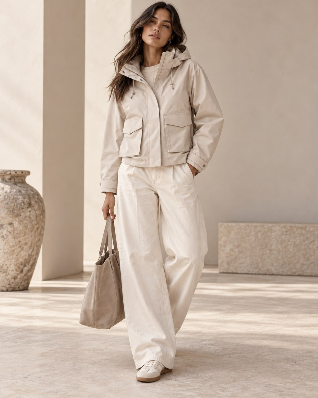 Chaqueta Waterproof Beige Hueso con Capucha