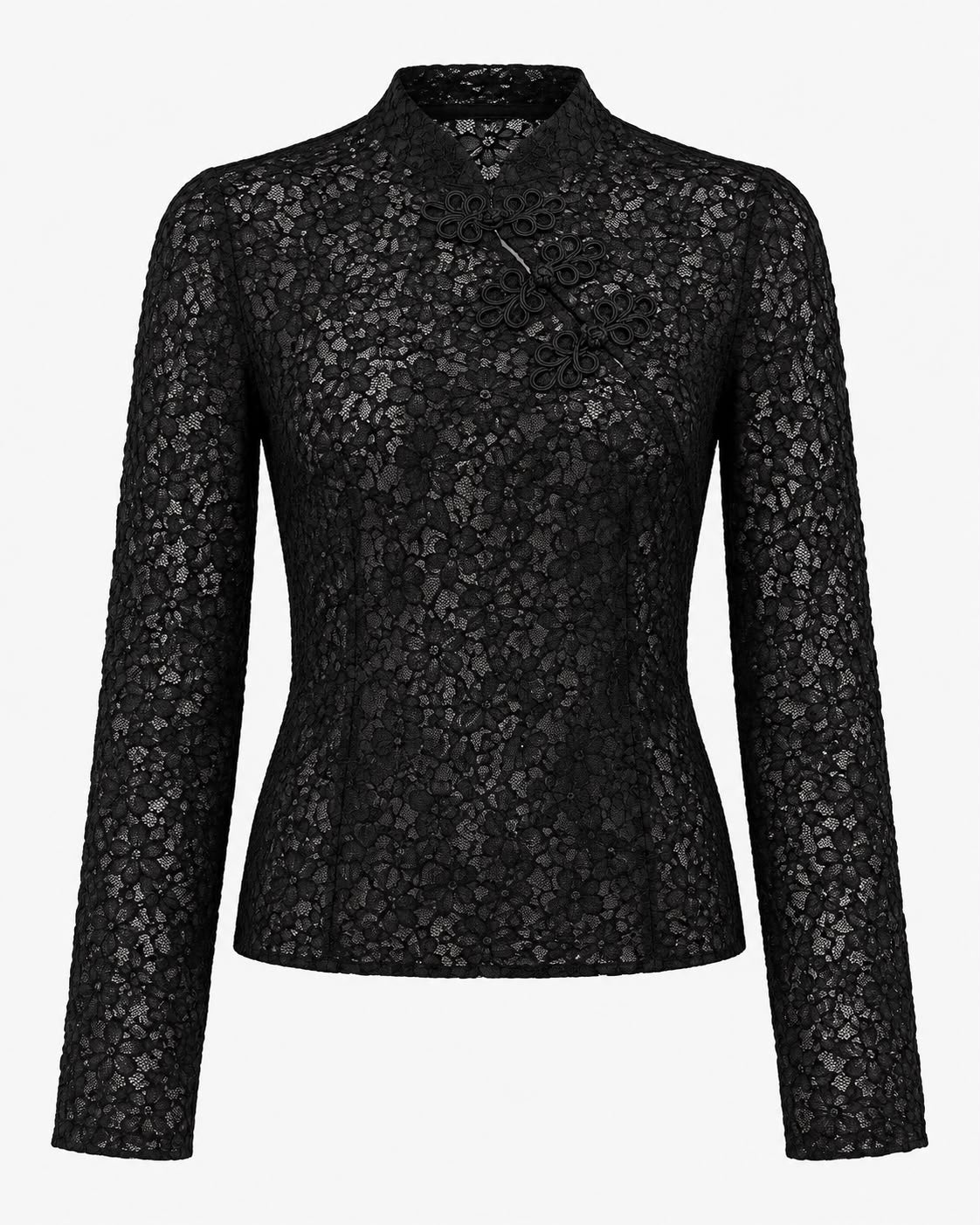 Blusa de Encaje Floral con Cierres Decorativos – Negro