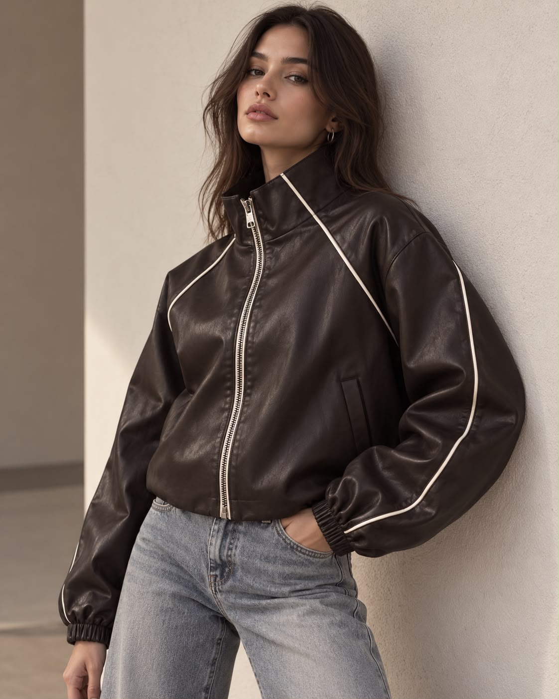 Chaqueta Bomber Efecto Piel con Ribetes