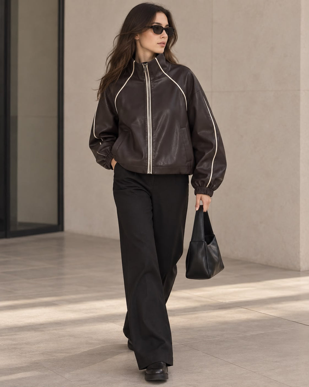 Chaqueta Bomber Efecto Piel con Ribetes