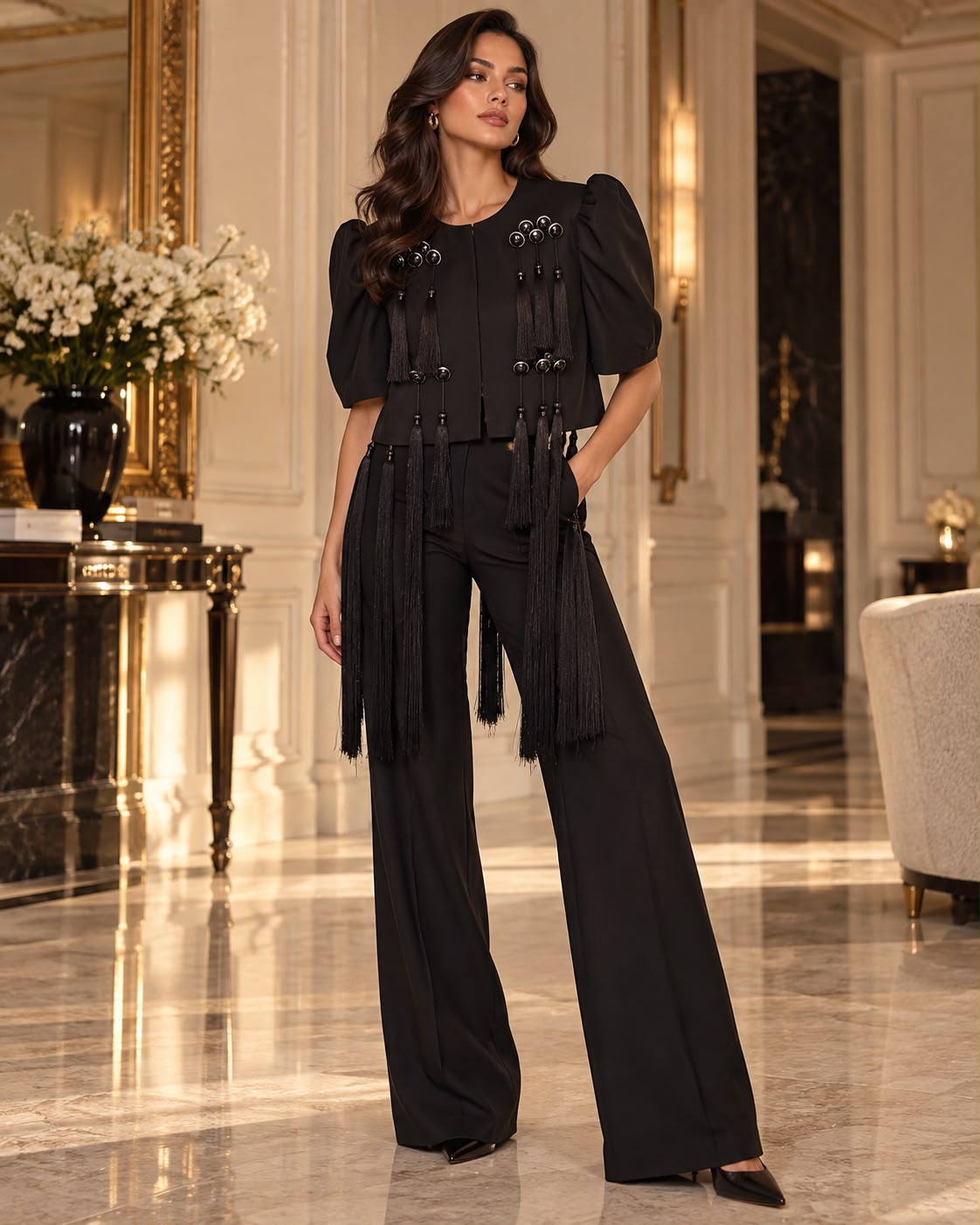 Chaqueta Cropped Flecos y Detalles Joya