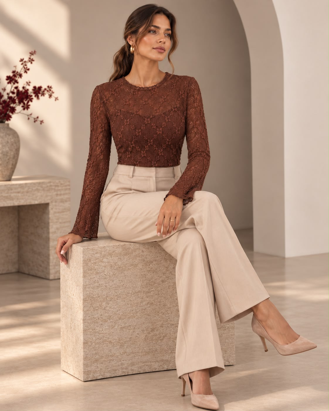 Blusa de encaje marrón