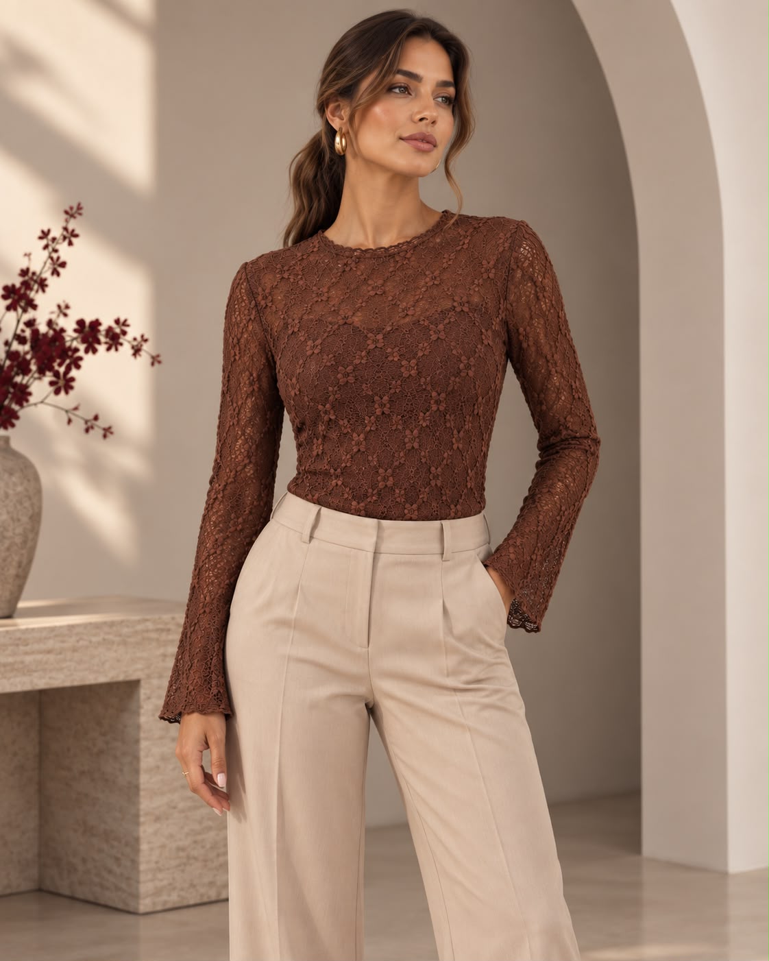 Blusa de encaje marrón